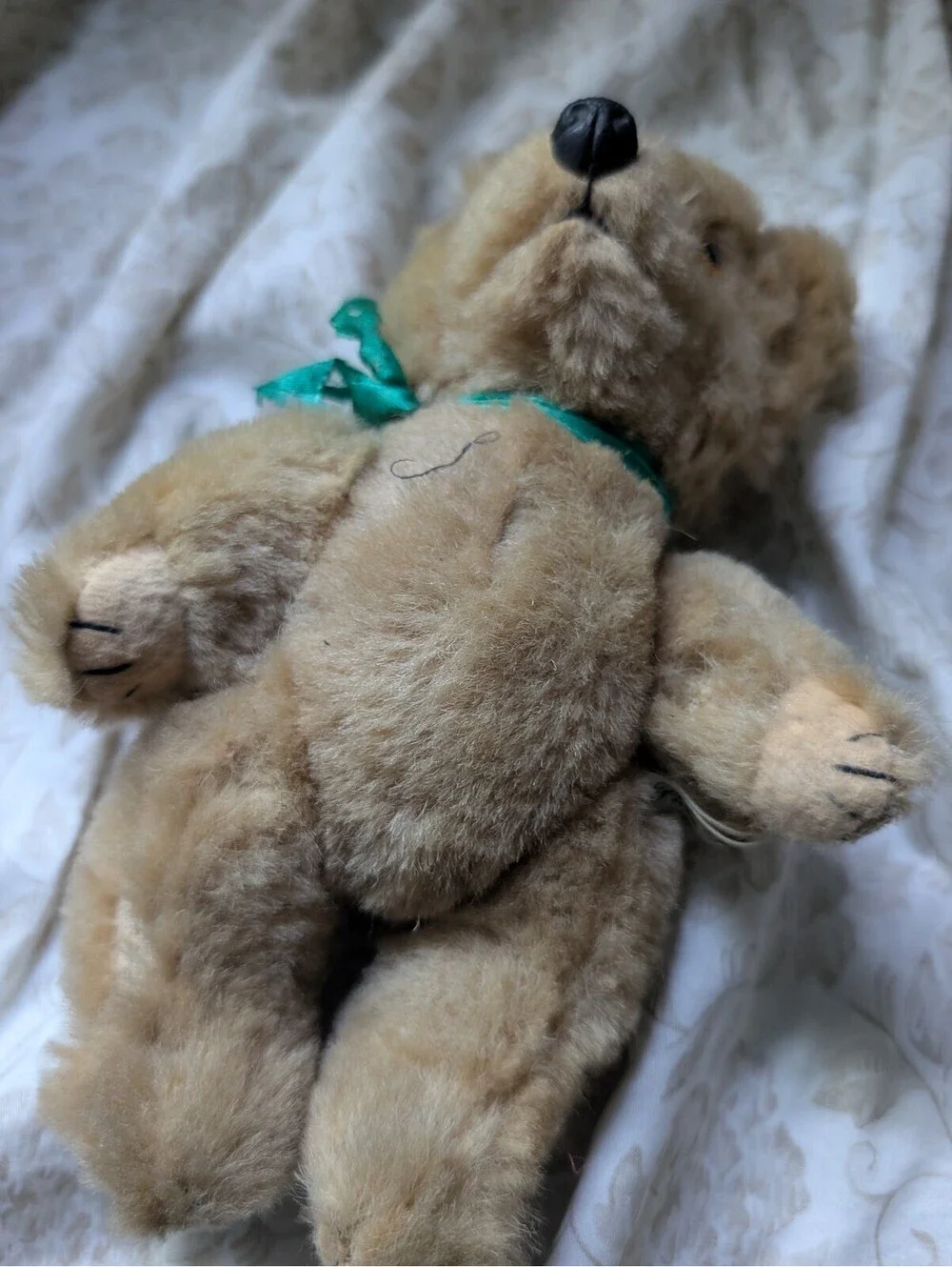 Vintage True Wool Plush Teddy Bear with Green Ribbon
